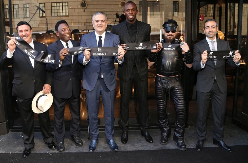 Hublot Opening Ceremony - Carlito Fuente, Pele, Ricardo Guadalupe (CEO of Hublot), Usain Bolt, Peter Marino and Jean-François Sberro (General Manager of Hublot America) (PRNewsFoto/HUBLOT)