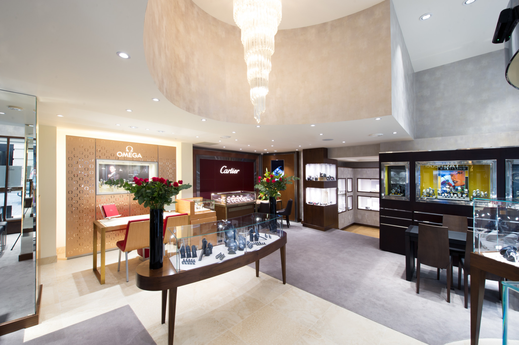 Watch brand furniture draws customers into the Lancaster boutique.