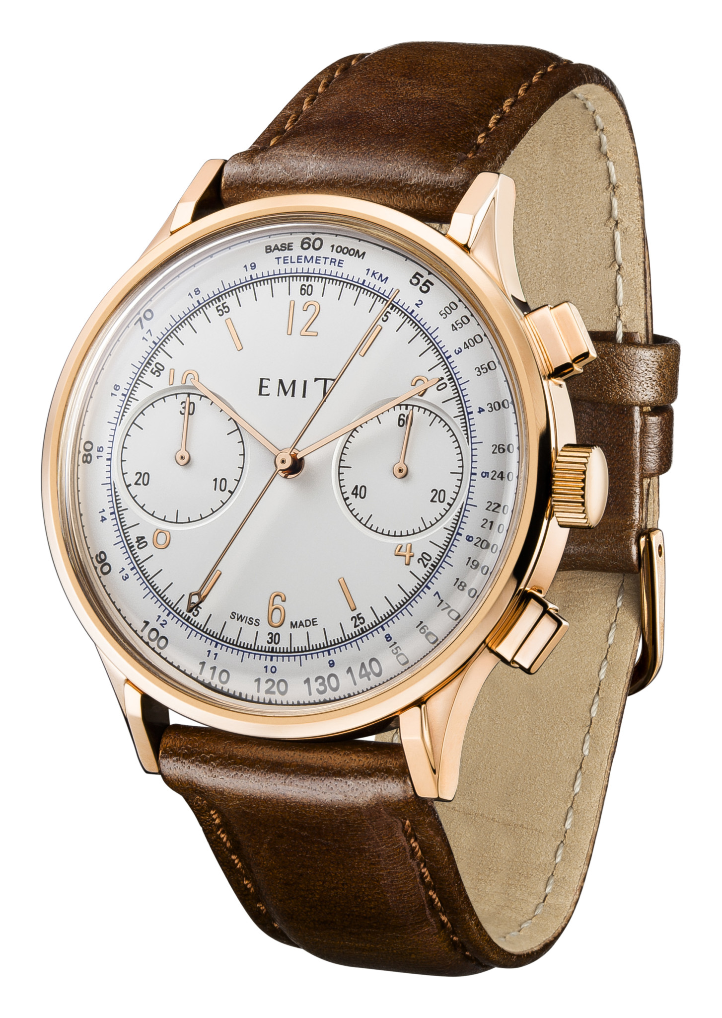 The tachymeter bezel, shown here on the Swiss-made Emit Chronograph, is one of the key distinguishing features on iconic chronograph watches.